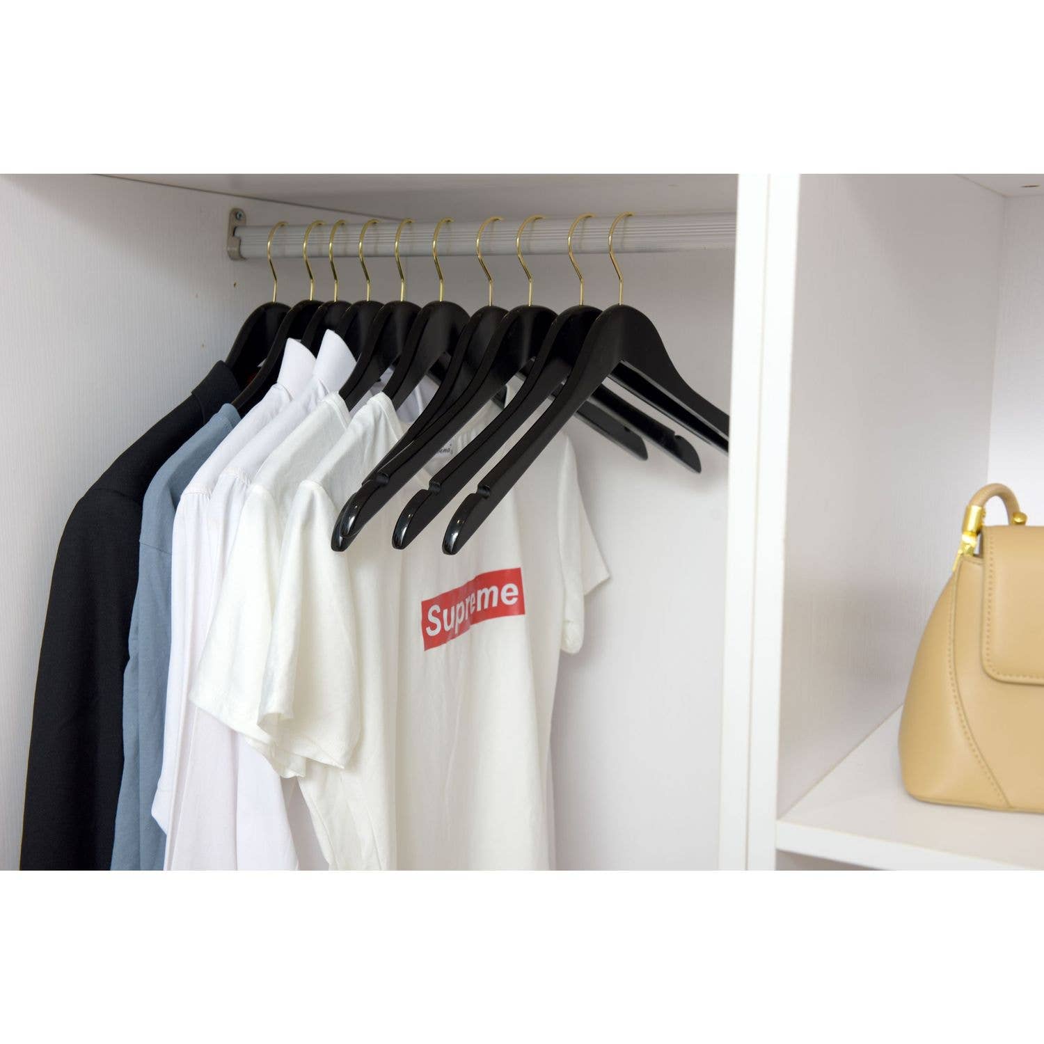 Quality Hangers - Wholesale Clothes Hangers - W071 Semi Curved Wooden Hangers - Black with Gold Hook - 807