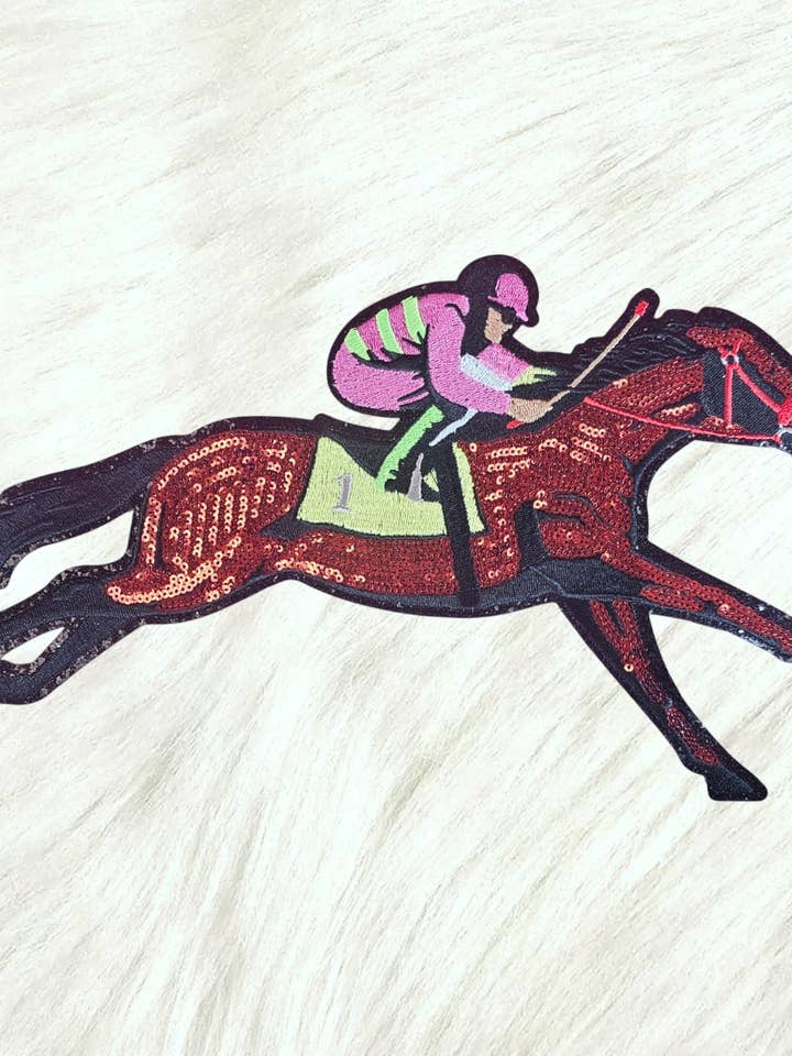 Horse Race Jockey Kentucky Derby Sequin Glitter Large Iron-on Patch for wholesale by Scratch Decor