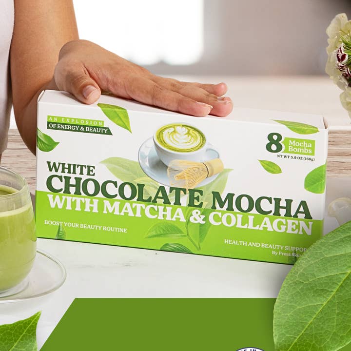 Matcha MOCHA bombe med hvid chokolade & kollagen for engroshandel hos PRESS SKINCARE LLC