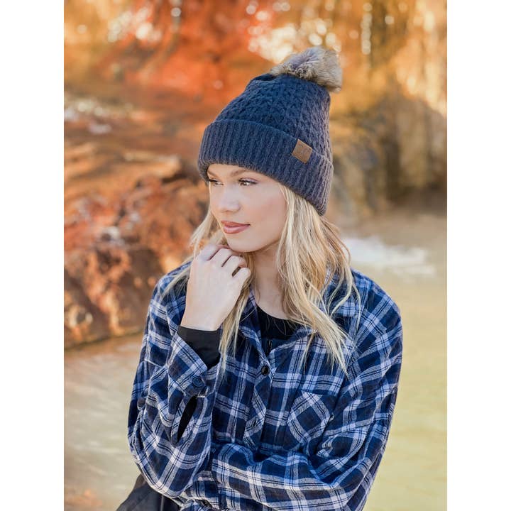 C.C Beanie - Wholesale Beanie - Women's - Solid Smocked Stitch Fur Pom C.C Beanie HAT2080