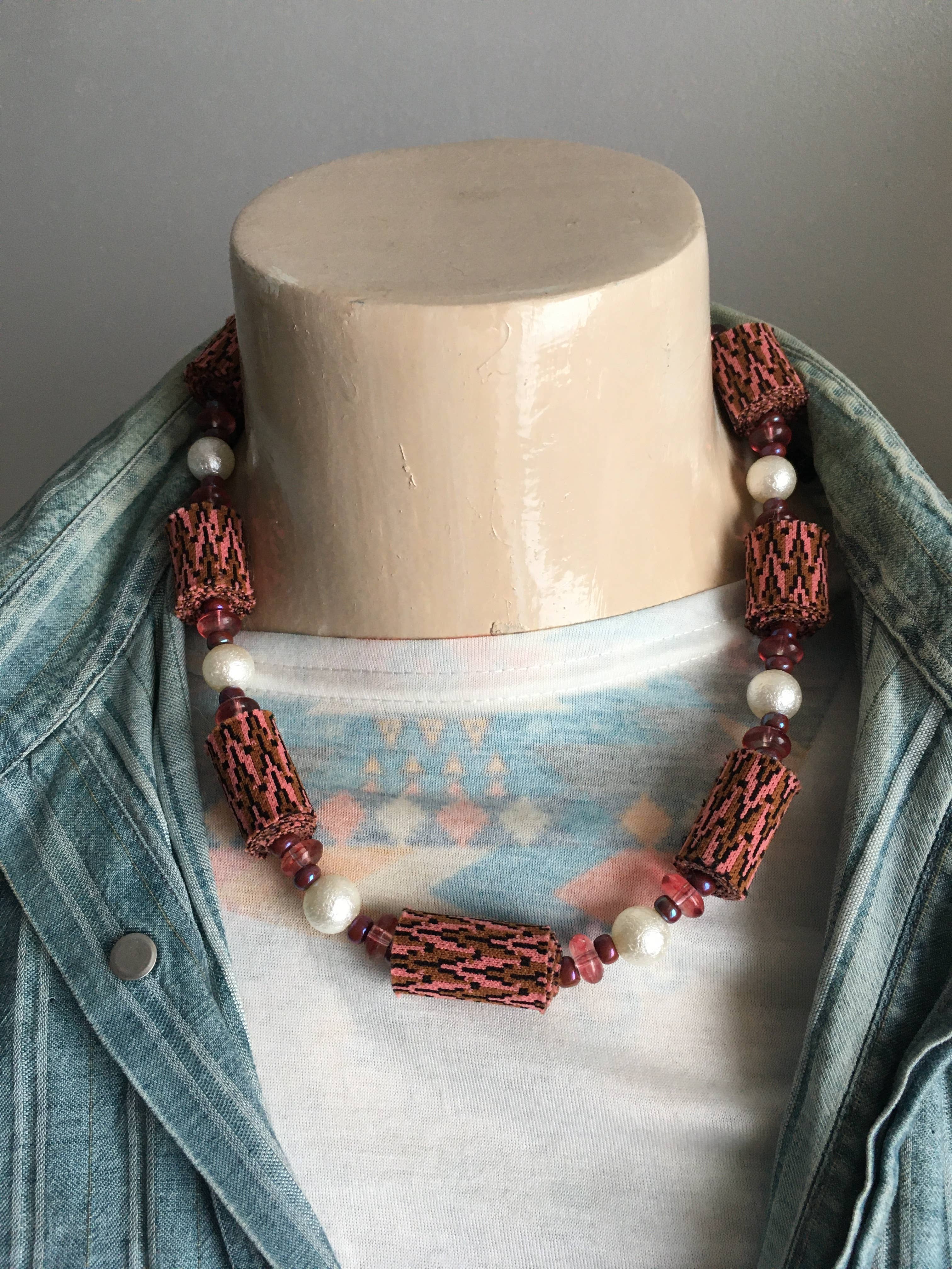 Etnyk - Wholesale Beaded/Pearl Necklace - Colar Artesanal com Contas de Tecidos e peças Acrílicas1