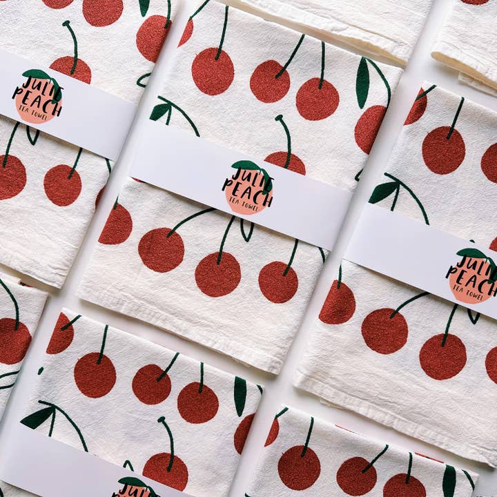 Julie Peach - Wholesale Tea Towel - Glitter Cherries on White Tea Towel - 100% Cotton