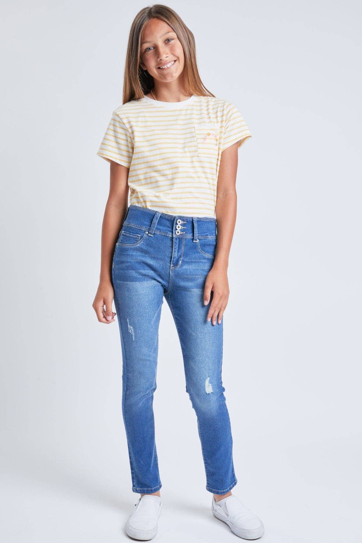 YMI – calças de ganga - Crianças por atacado – Jeans Skinny Essenciais de 3 Botões para Meninas com Bolsos Frontais-GP177244