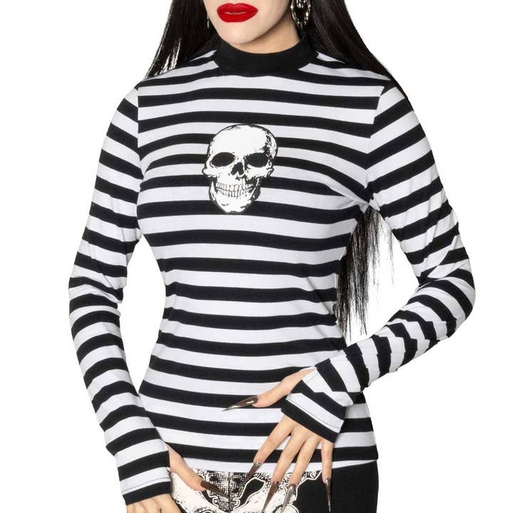 Skull Black White Striped Long Sleeve Top for wholesale by Kreepsville