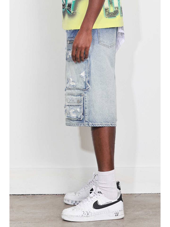 MEDIUM BLUE WASHED MULTI CARGO DENIM JORTS for wholesale on Faire