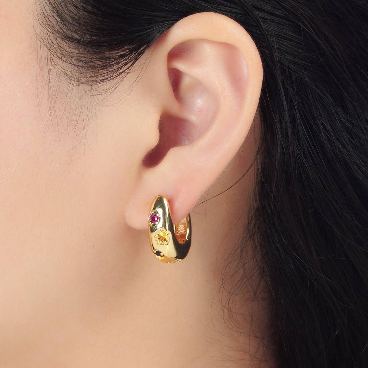 Aim Eternal - Wholesale Huggie Earrings - 24K Gold Filled 20mm Multicolor Geometric CZ Huggie Earrings | AD7571