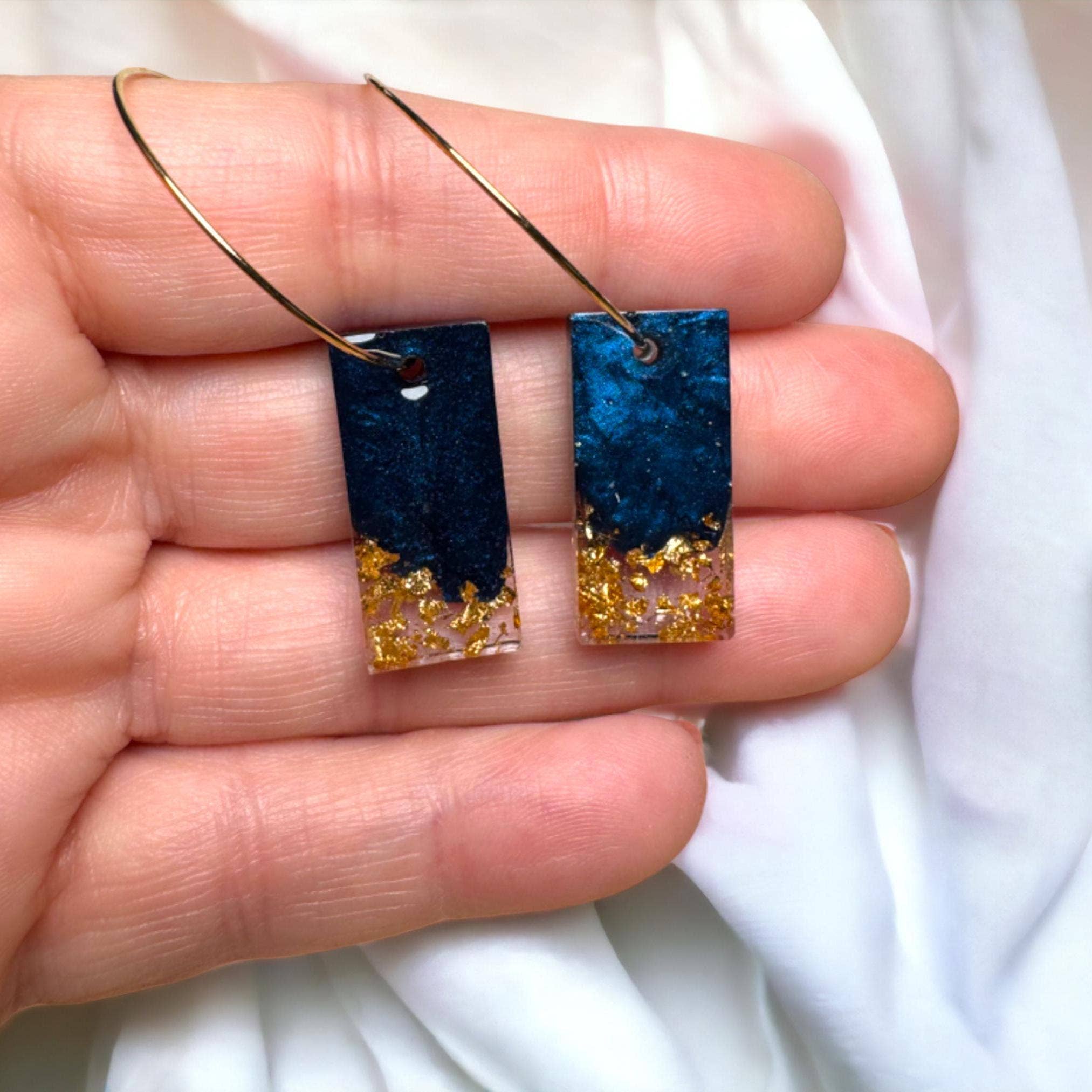 Fish Towne Designs, LLC - Wholesale Dangle Earrings - Navy Blue and Gold Leaf Resin Bar Earrings Handmade7