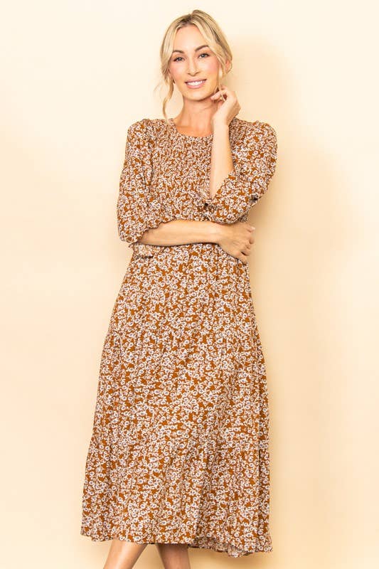 Elloh Collection - Vendita all'ingrosso Vestito - Donna - Abito midi vintage a fiori con smock a balze e tasche4