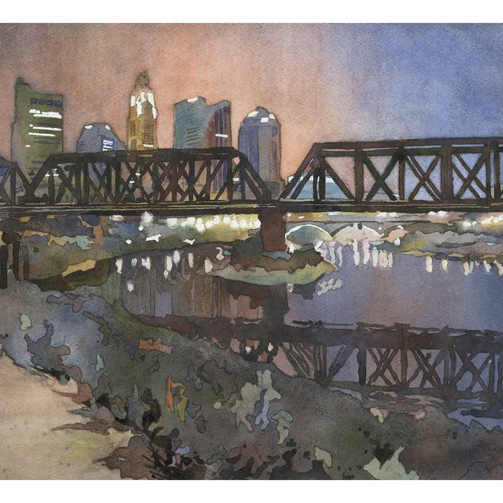 Columbus, Ohio skyline bij zonsondergang. Aquarelschilderij van de skyline van Columbus, OH bij zonsondergang (print) voor wholesale door Ryan Fox Fine Art