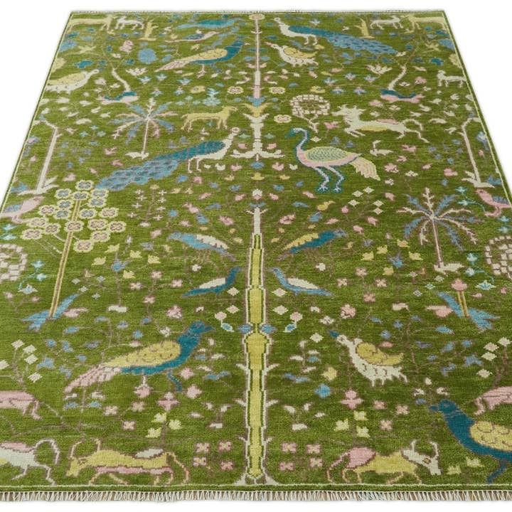 The Rug Decor, Inc. - Wholesale Area Rug - The Green Jungle Life Teal and Peach Peacock Bird Hand Knotted Custom Made Wool Area Rug10
