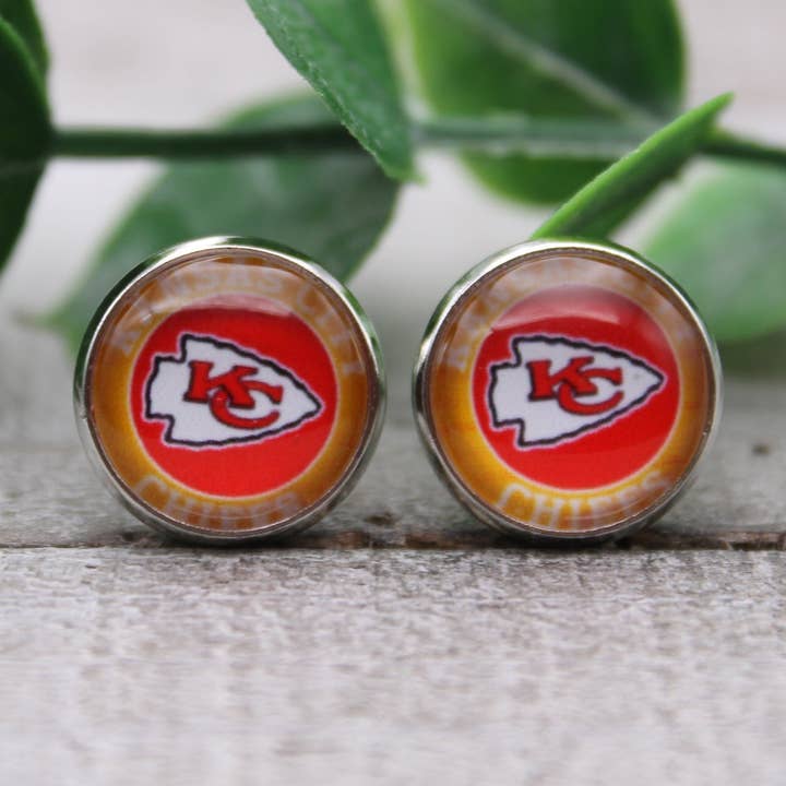 Football - KC Chiefs Circle | 12mm Glass Stud Earrings | Hypoallergenic for wholesale by Hylidae Boutique