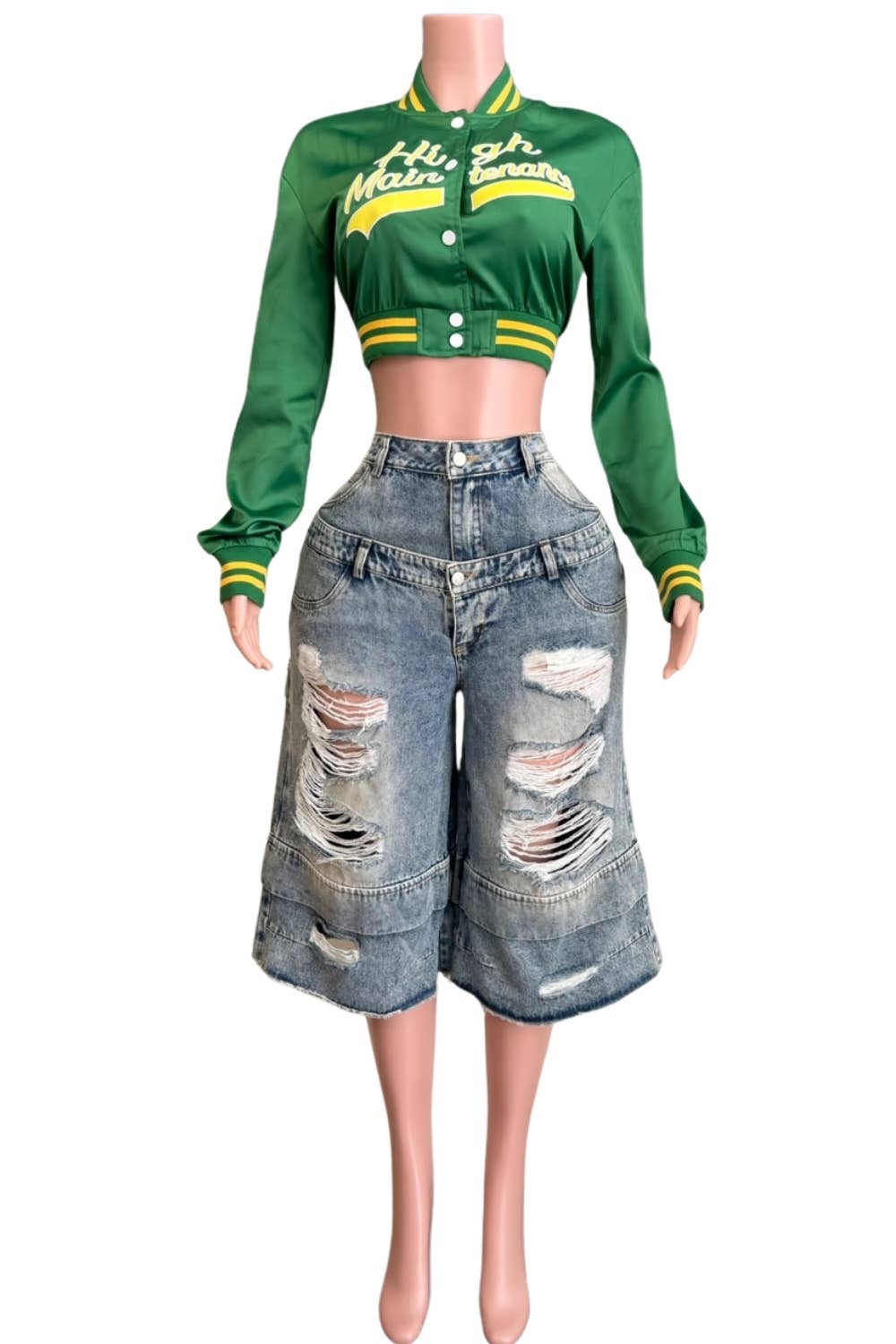 GRØN NT1016A Satin Varsity Crop Jakke med Broderede Detaljer for engroshandel på Faire4