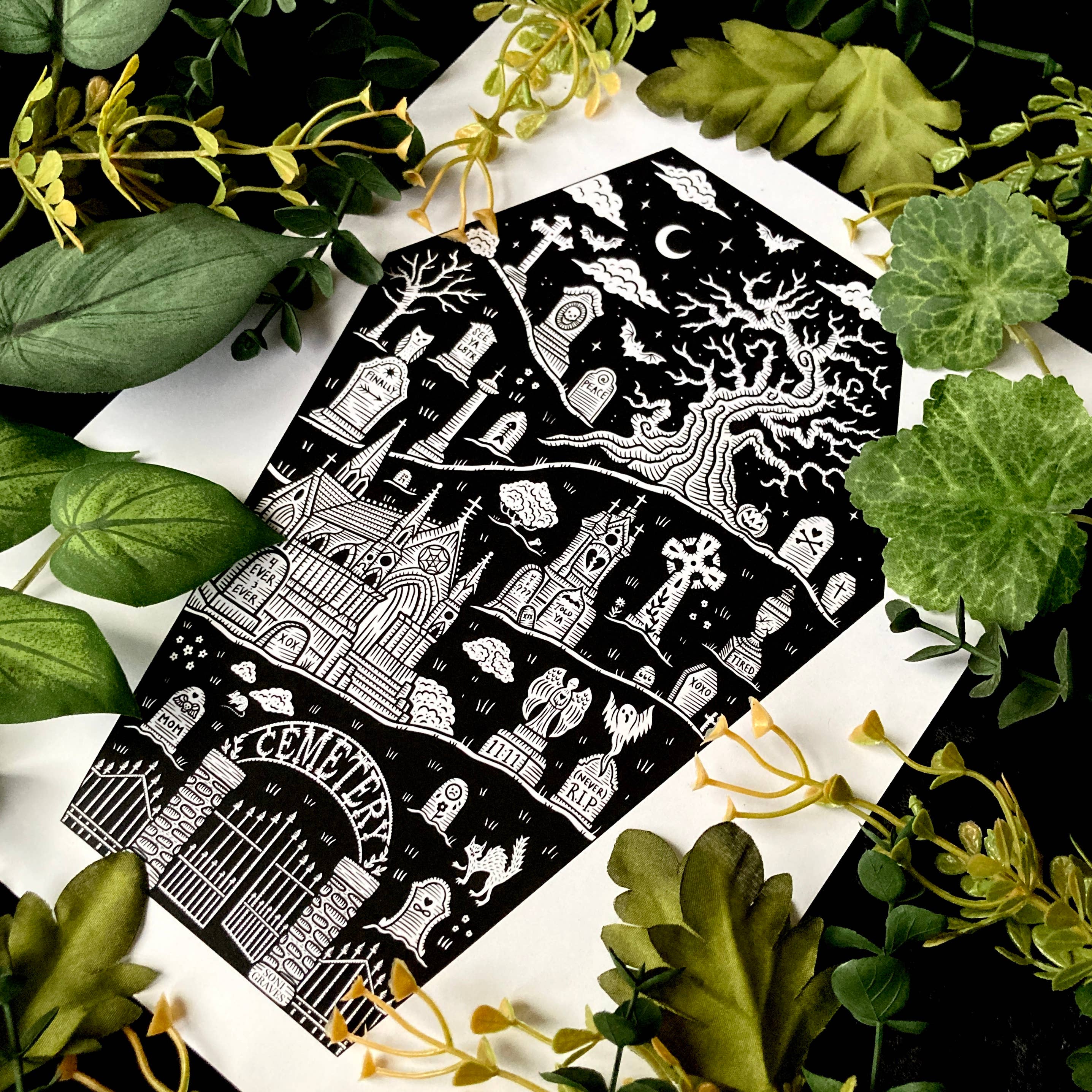 Soni Graves Artistry - Wholesale Art Print - Cemetery in Coffin, Letter Size, Spooky Whimsical Death1