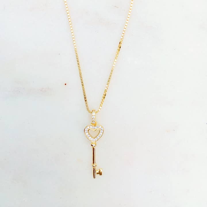 Petite Sterling Silver Gold Plated Key Long Necklace for wholesale by Lily Max Jewelry