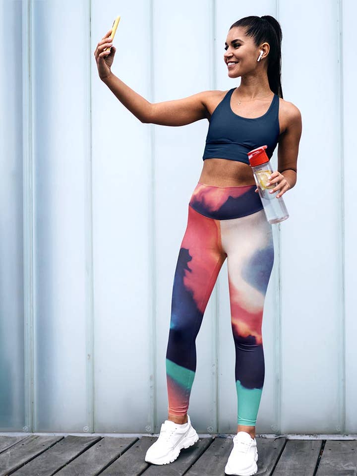 Printed Leggings "Funky Clouds" Blue/Terracotta for wholesale by Loony Legs