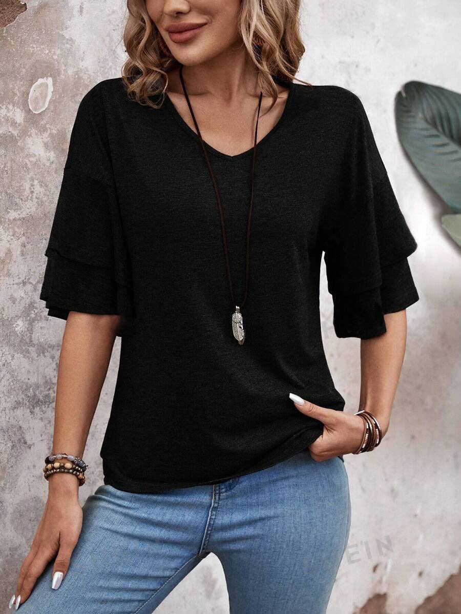 Suhkasana - Wholesale Blouse - Women's - Women's V-Neck Flutter Sleeve Top – Casual Summer T-Shirt22