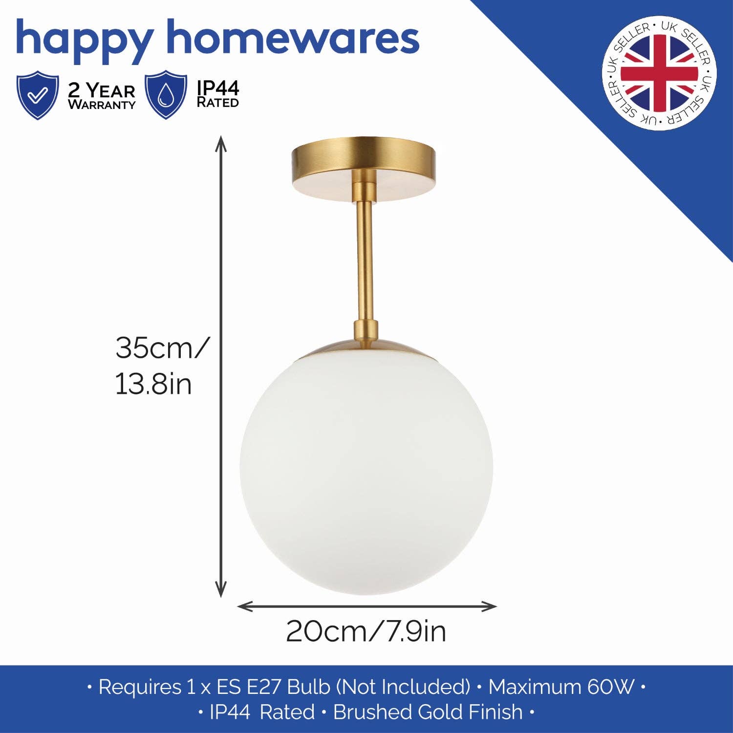 Happy Homewares – wholesale Chandelier/hanging light – Traditional Glass Globe IP44 Bathroom Ceiling Light Fixture in Brushed Gold4
