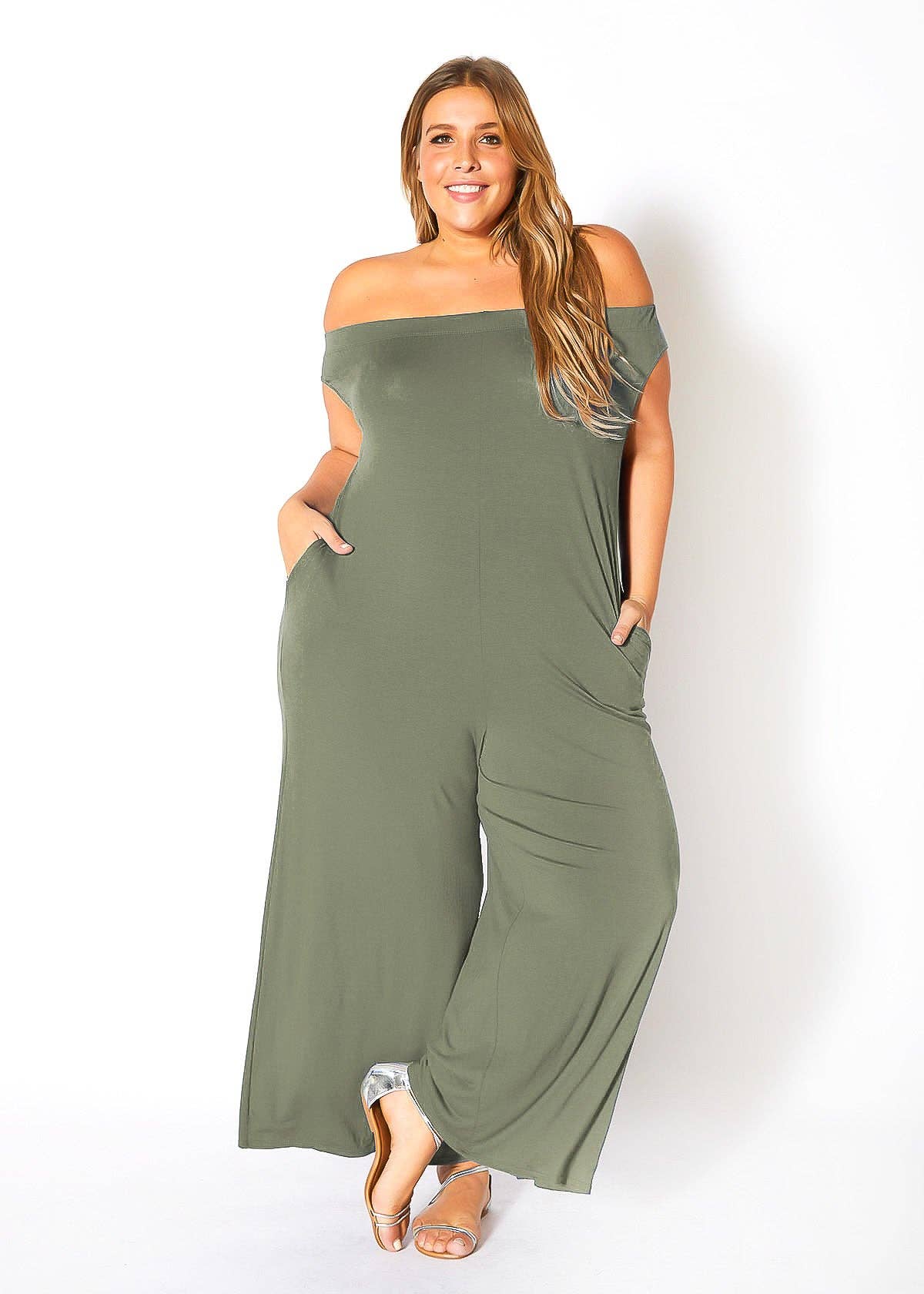 Robin K - Wholesale Jumpsuit - Women's - Bellatrix Plus Size Off Shoulder Wide Leg Jumpsuit7
