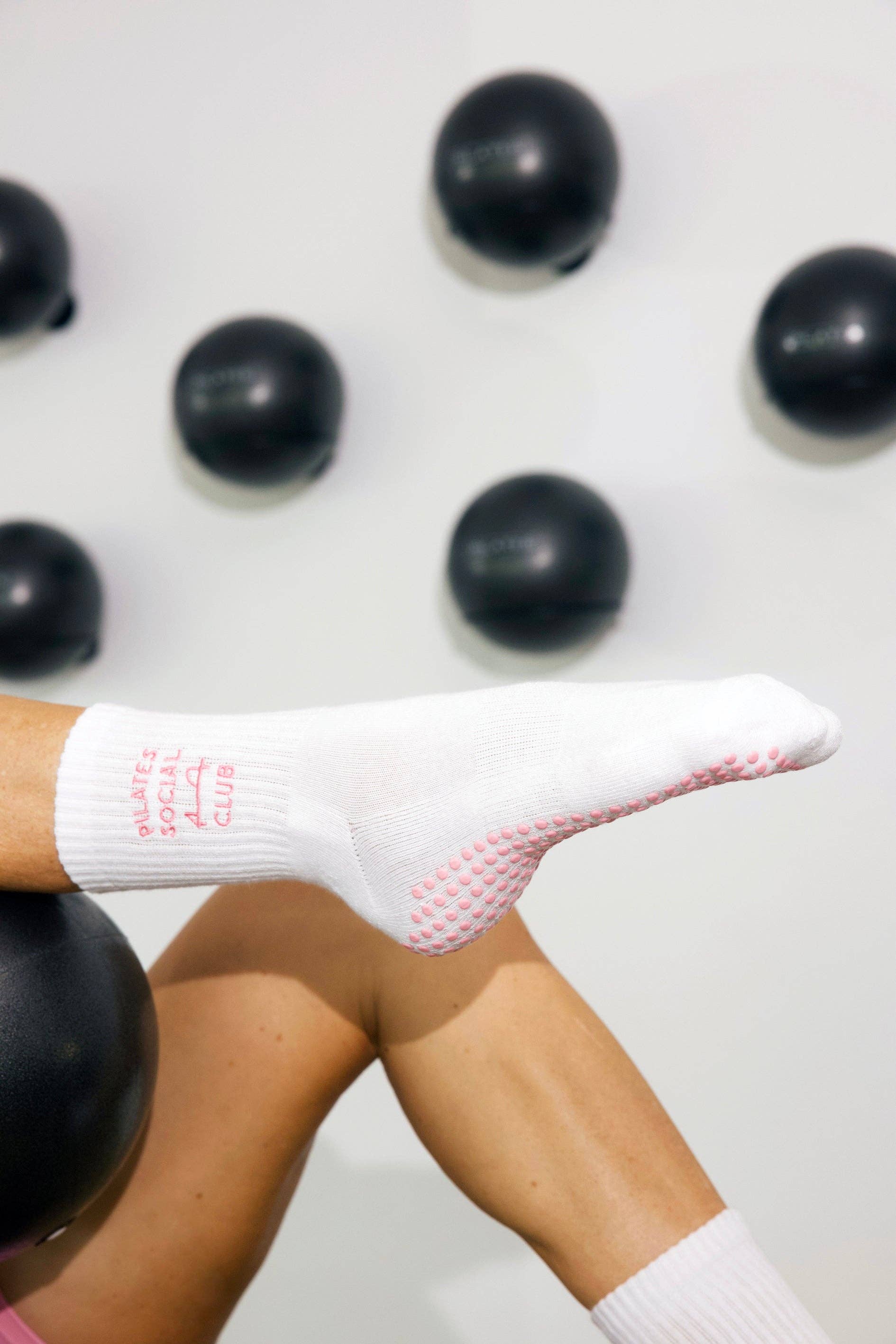 White Pilates Social Club Grip Crew Socks for wholesale on Faire6