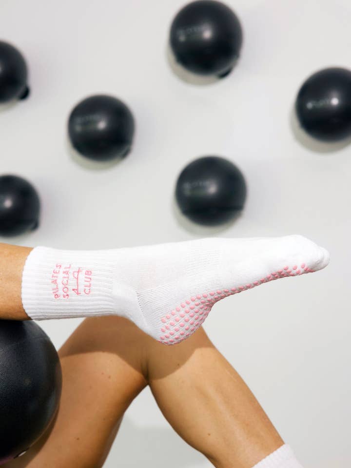 White Pilates Social Club Grip Crew Socks for wholesale on Faire6