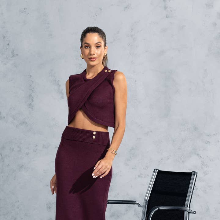 Knit set with crossover top and pencil skirt 96900 for wholesale by FERRACHE