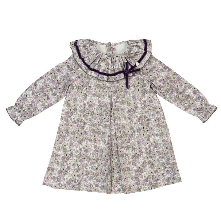 PRUNE | Robe en coton fleuri violette et grise pour fille pour la vente par Bebe Sweeny