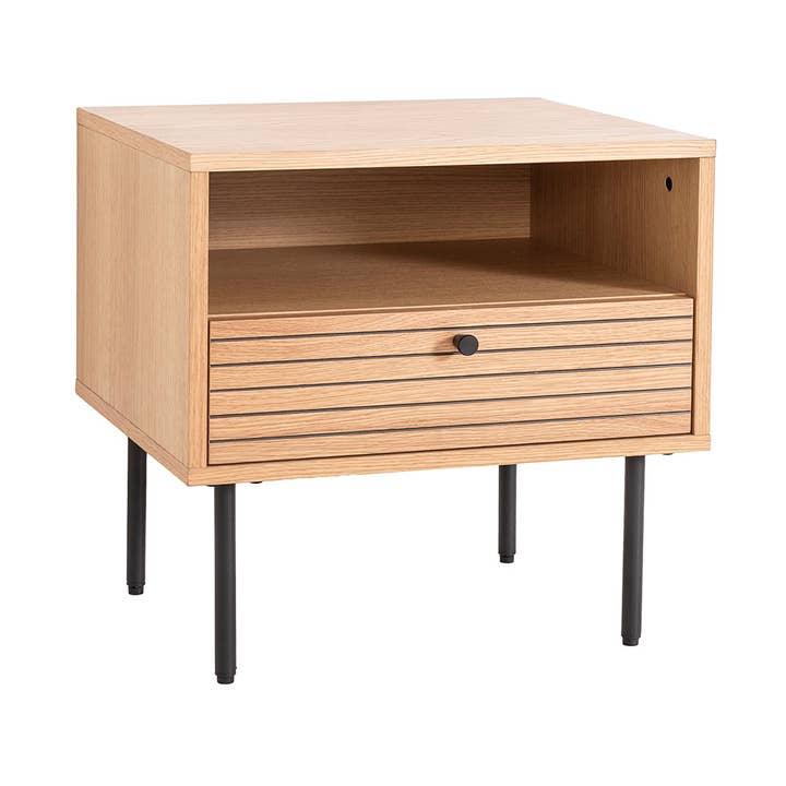 Nela Coffee Table with 2 Drawers, Oak Veneer and Black Dm, Black Metal Legs. for wholesale by Gdeco