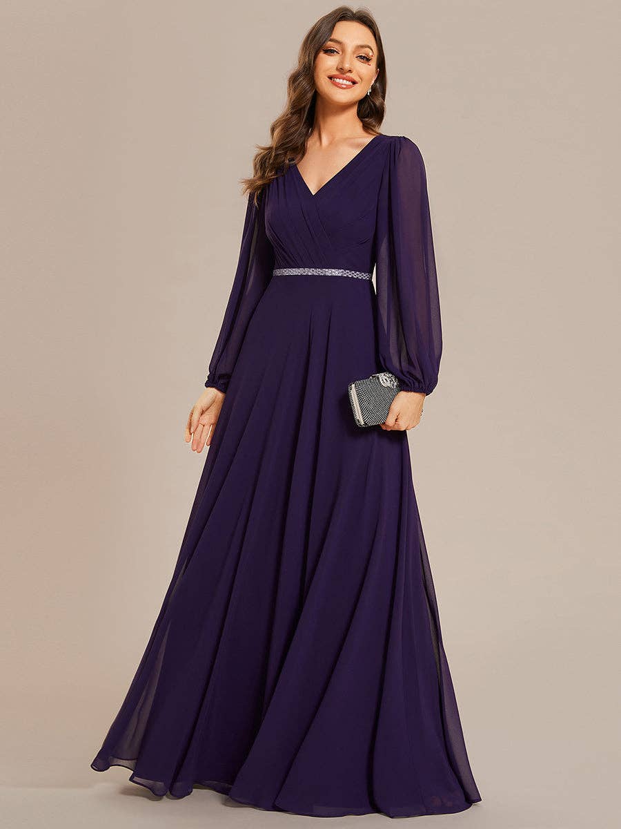 Ever-Pretty - Wholesale Gown - Women's - Elegant waisted chiffon V-neck Long Sleeve guest Dress5