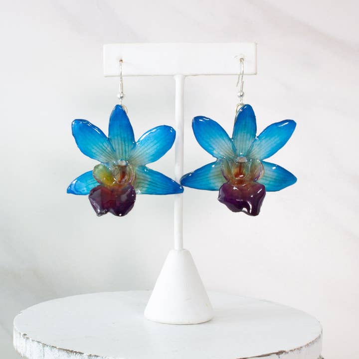 "Fleur" Real Orchid Earrings - Blue - Limited Edition for wholesale by Devi & Co