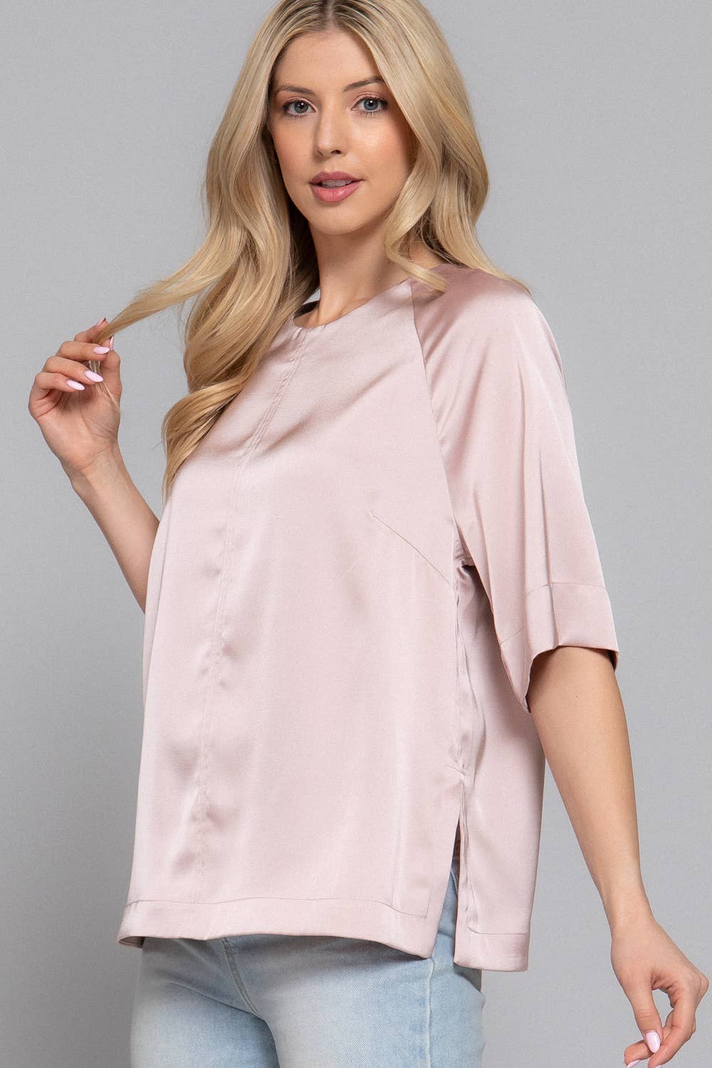 Active Basic | Active USA - Wholesale Blouse - Women's - Raglan Elbow Sleeve Side Slit Back Closure Satin Blouse14