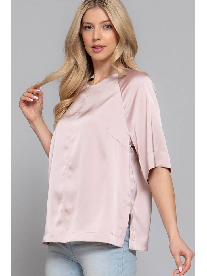 Active Basic | Active USA - Wholesale Blouse – Women’s - Raglan Elbow Sleeve Side Slit Back Closure Satin Blouse14