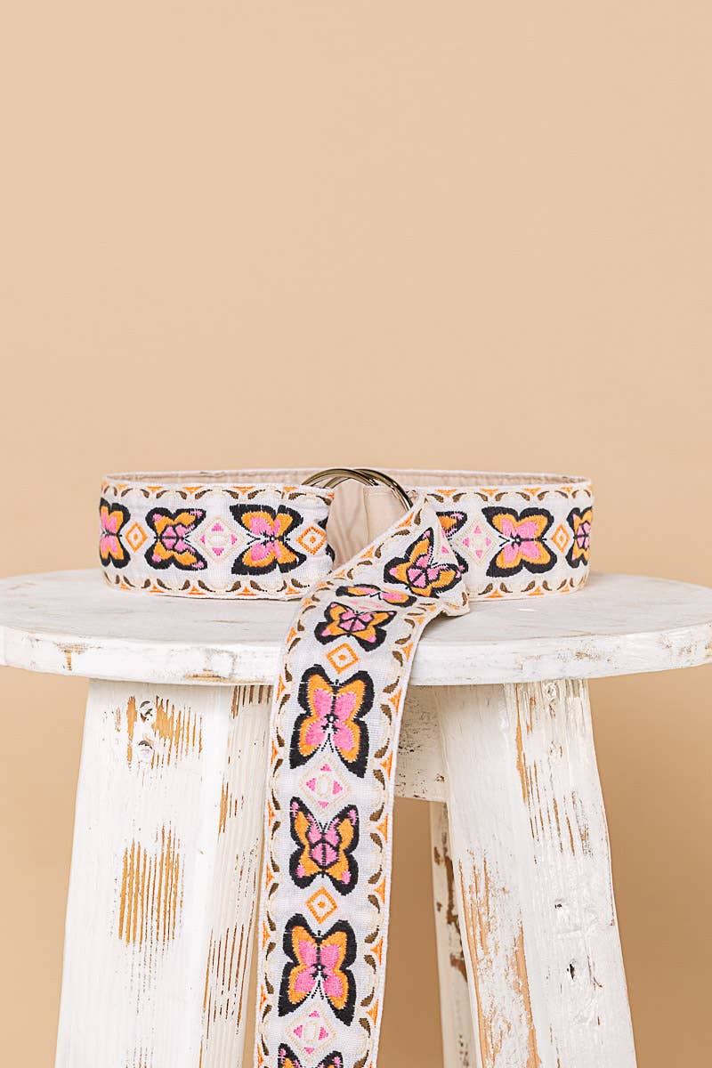 IVOIRE/ROSE Ceinture ajustable en tissu à motif papillon brodé en vente sur Faire10