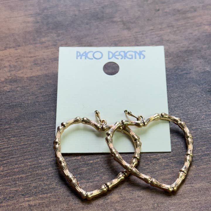 Wide Gold Bamboo Heart Shaped Earrings for wholesale by Paco Designs