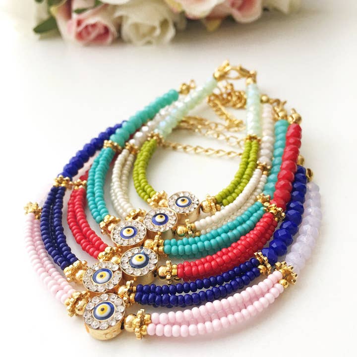 Evil Eye Seed Beads Bracelets, Greek Bracelet, Choose Color for wholesale by Evileyefavor