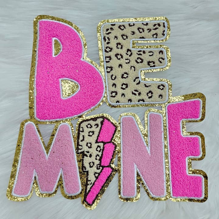 Scratch Decor - Wholesale Patch - BE MINE Pink Cheetah Lightning Bolt on Gold Glitter Chenille