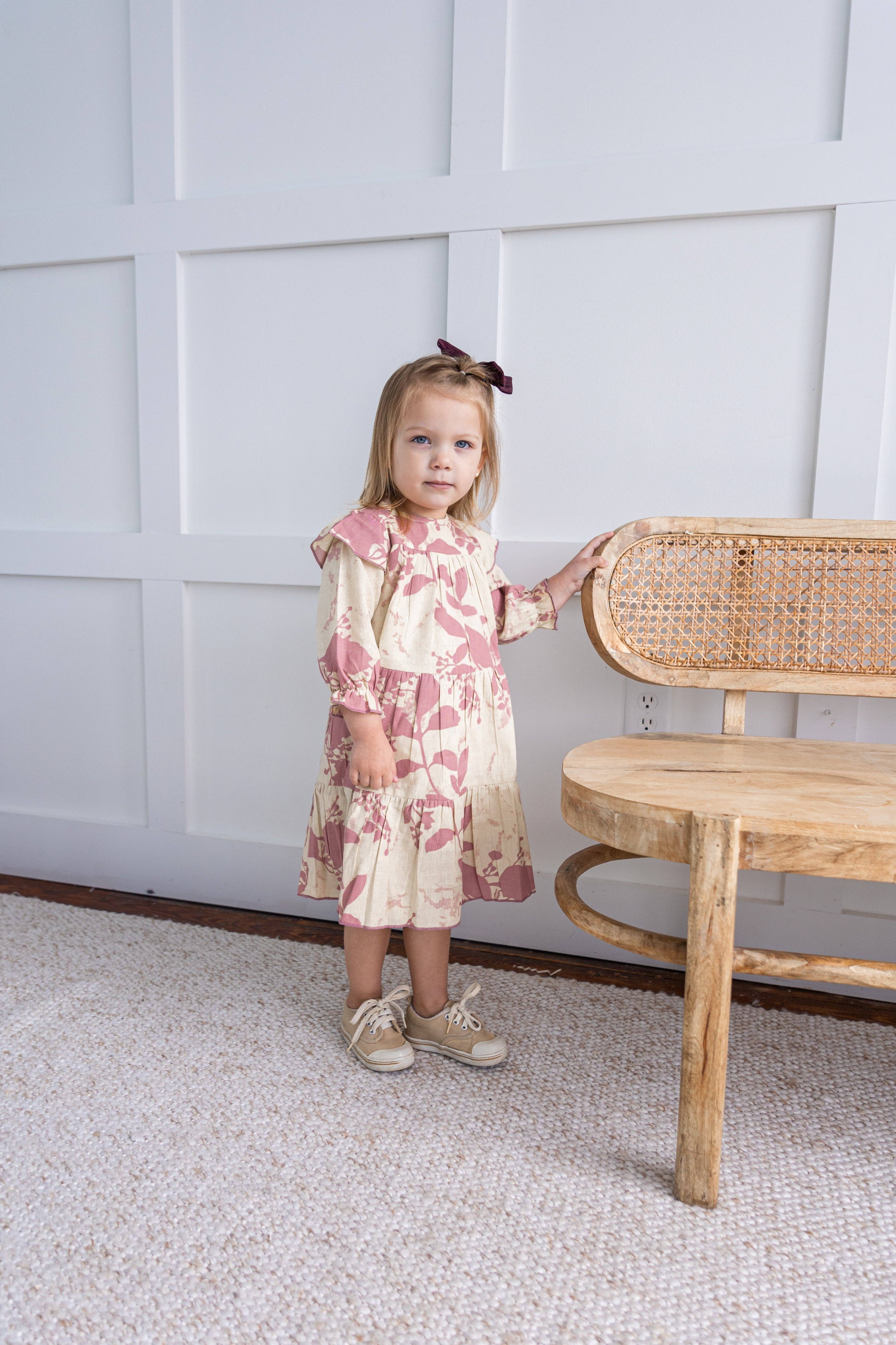 Yo Baby - Wholesale Dress - Kids - Dark Pink Leaf Printed Tiered Long Sleeve Dress3