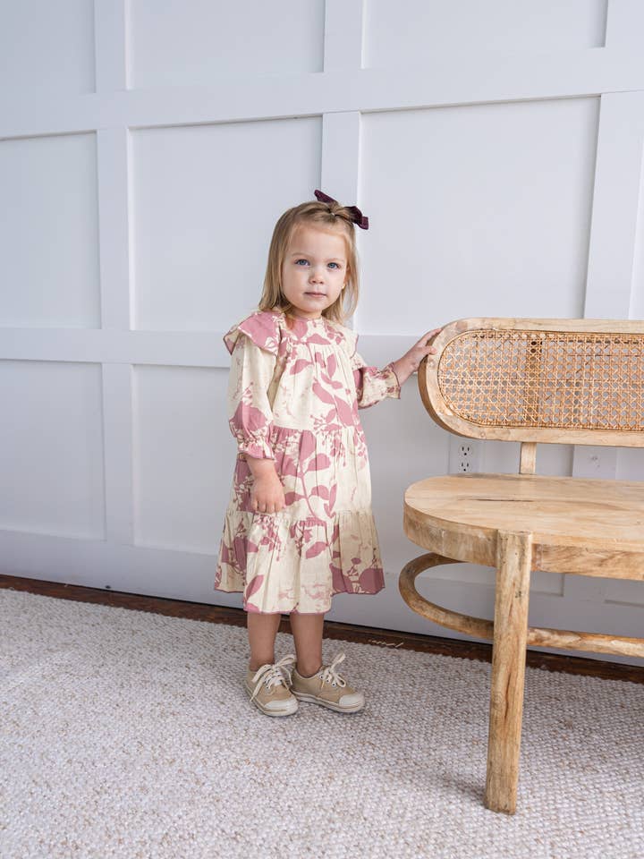 Yo Baby - Wholesale Dress - Kids - Dark Pink Leaf Printed Tiered Long Sleeve Dress3