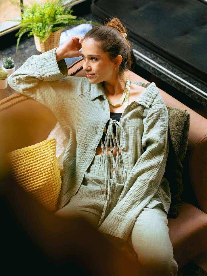 Moa - Wholesale Lounge Set - Women's - Sage Green Crinkle Cotton Lounge Wear Set