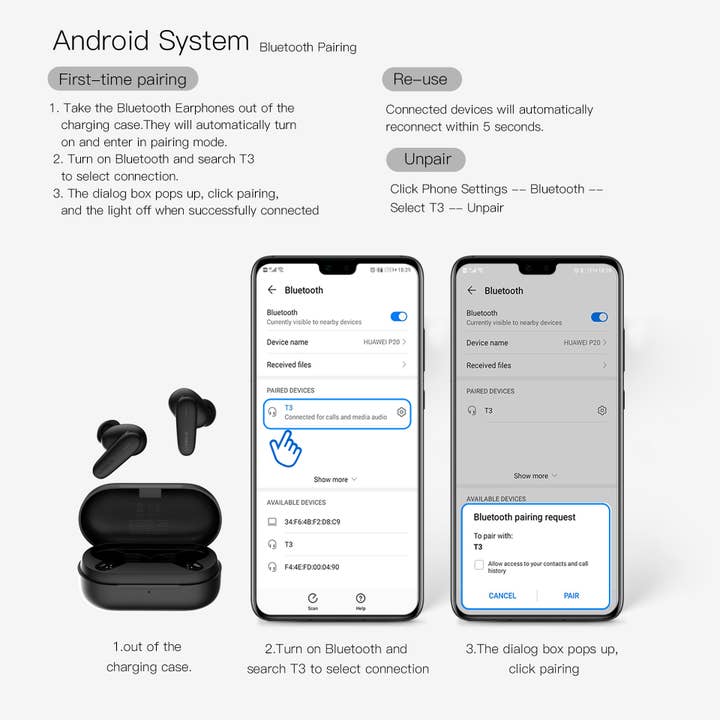 White TWS Bluetooth Earphone ORSEN T3 with wireless charging case, for wholesale on Faire12