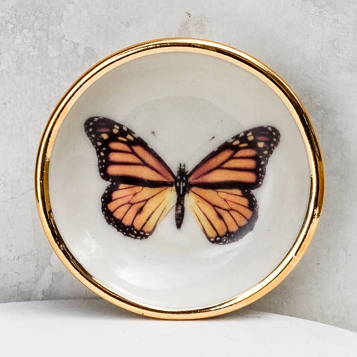 Monarch Butterfly Trinket Dish |Ring Dish|Handmade with gold for wholesale by Apricity Ceramics