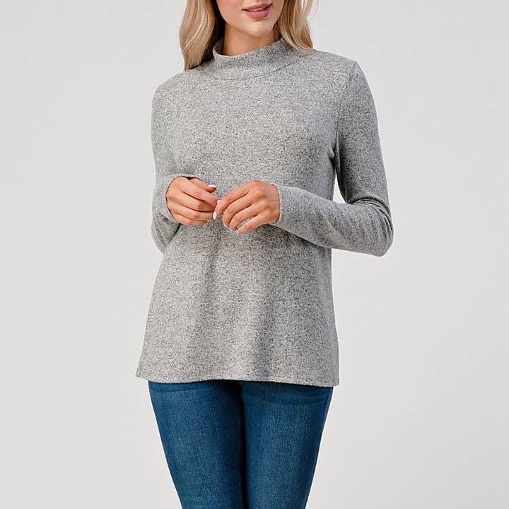Heimious - Wholesale Knit Top - Women's - Mock Neck L-Sleeve Relaxed Fit Brushed Knit Top, T54813