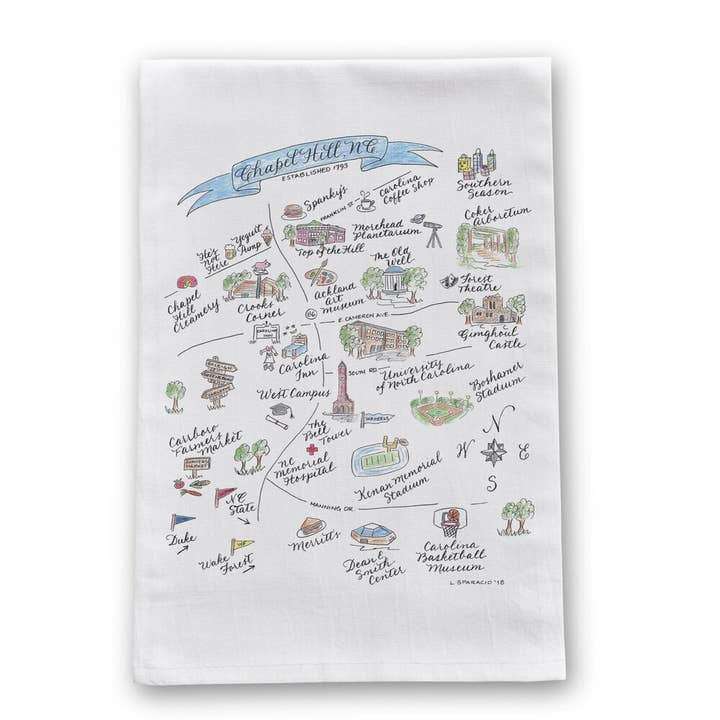 Chapel Hill, NC Map Tea Towel for wholesale by The Write Occasion Calligraphy