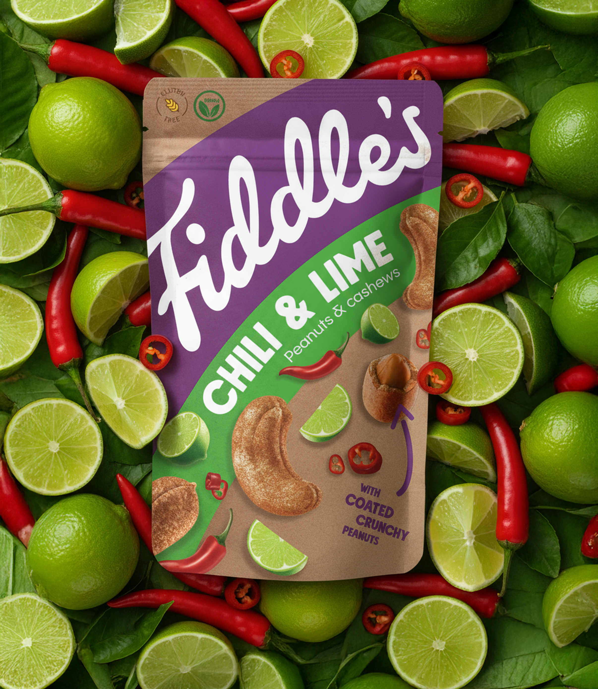 Fiddle's Snacks - Vendita all'ingrosso Frutta secca - Arachidi e Anacardi - Chili e Lime 70 G1