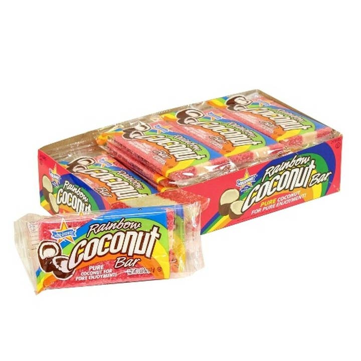 Atkinsons 24 Ct 1,65 Oz Regenboog Kokosnoot Reep voor wholesale door Long Island Candy Factory