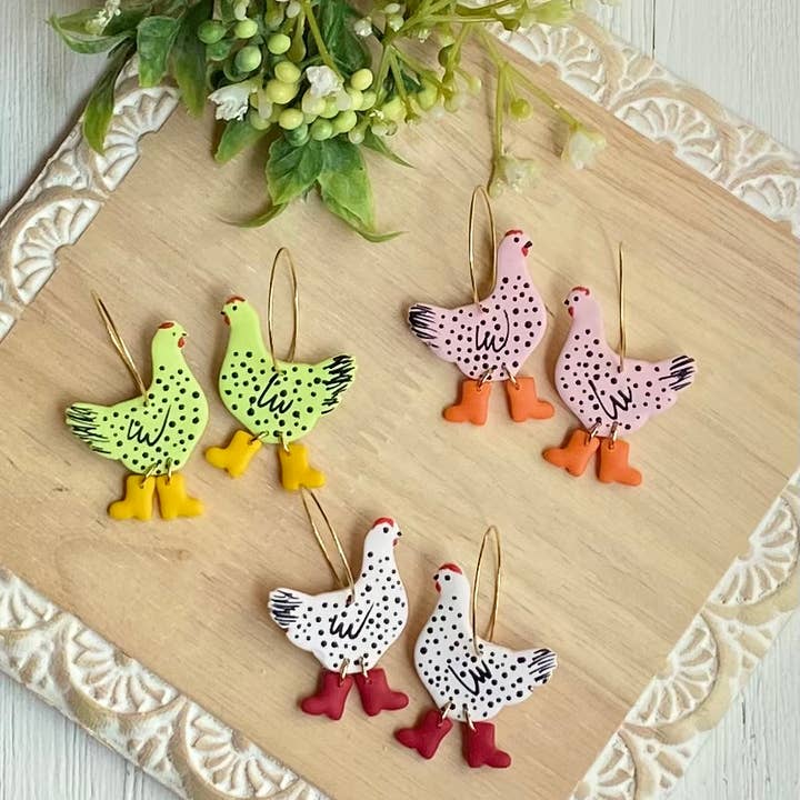 Clayhouse Colours - Wholesale Dangle Earrings - Chicken with Boots Hoops4