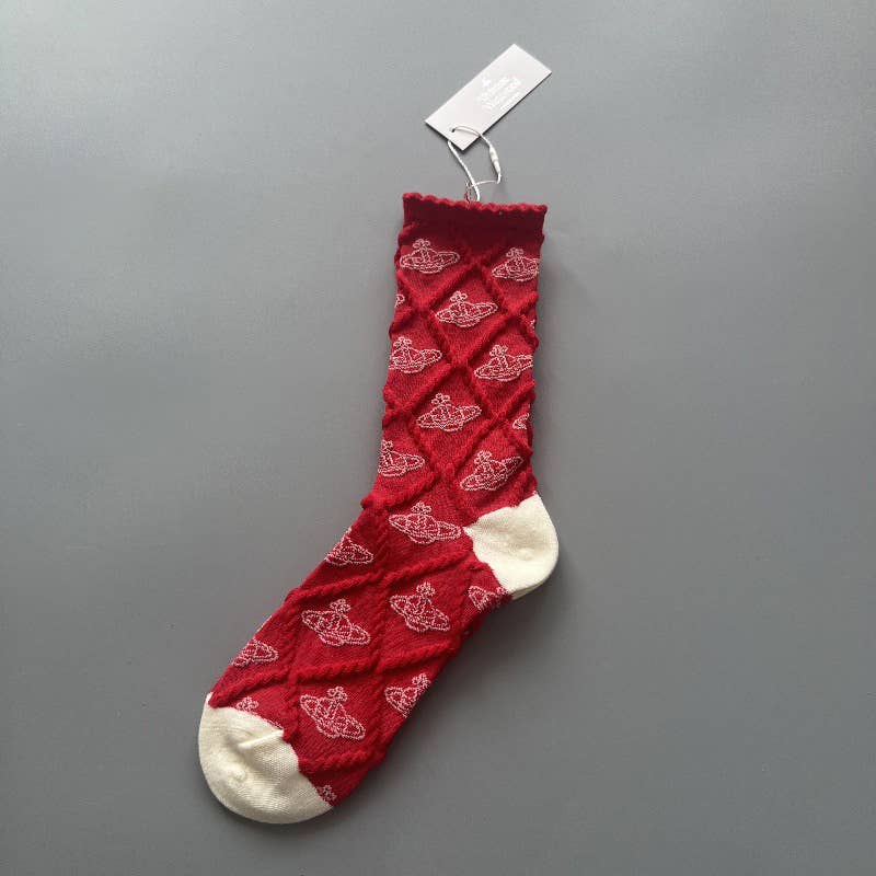 Tourtiwi - Wholesale Socks - Women's - Red Snowflake & Geometric Patterns Christmas Crew Socks30