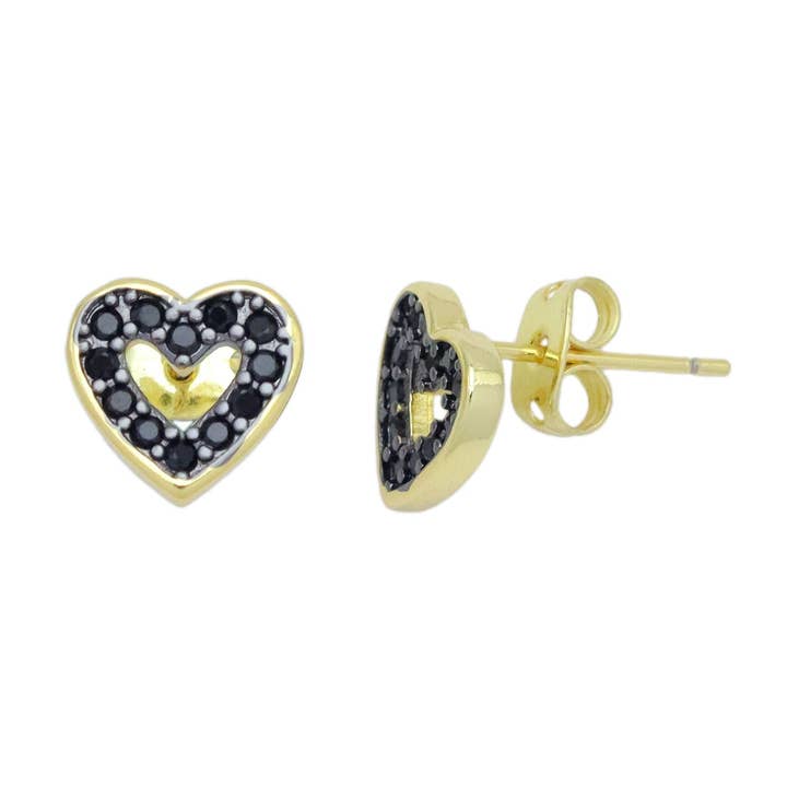 Black CZ Hollow out Heart Stud Earrings, Sku#LK1003 for wholesale by BestBeads&Beyond