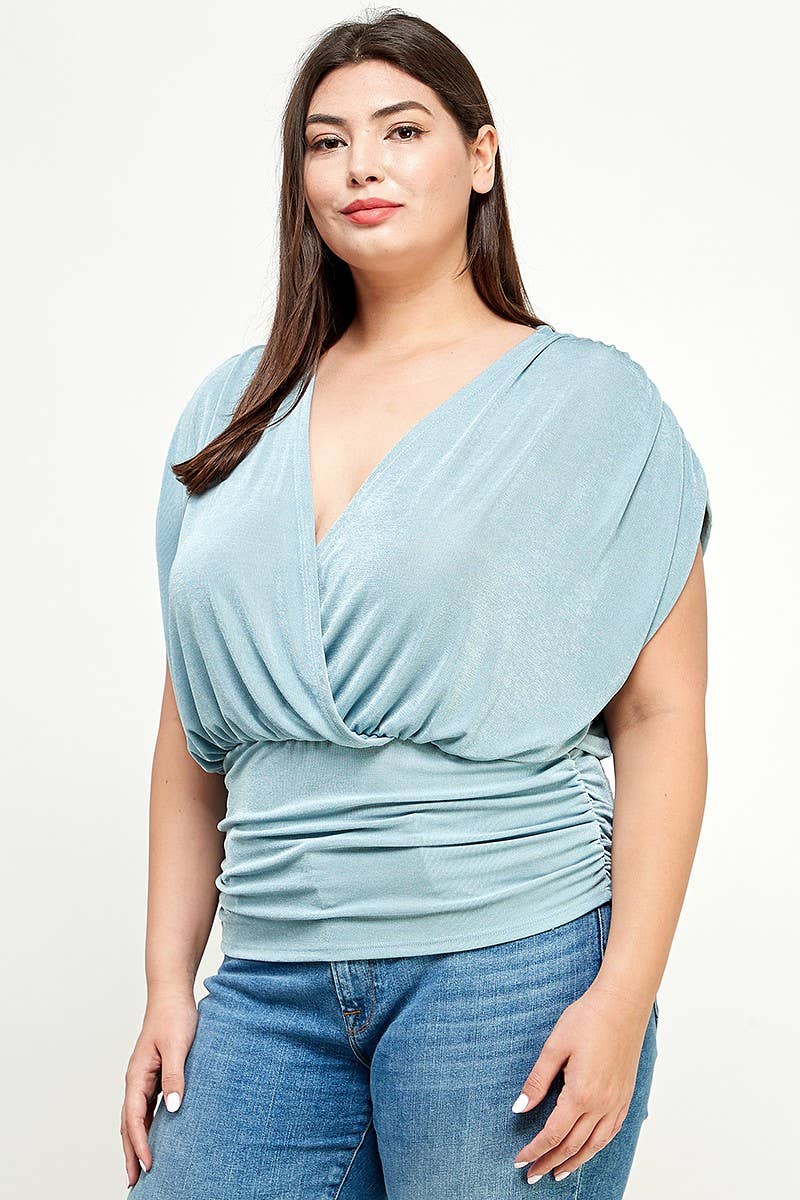 Haute Fox Plus Size & Contemporary - Wholesale Knit Top - Women's - Plus Size Slinky Knit Ruched Top - KY18023-T7