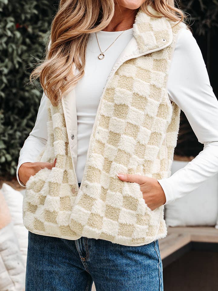 Khaki Sherpa Checkerboard Snap Button Vest Jacket With Pocket for wholesale by Secret Style Source