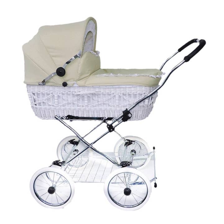 EICHHORN Panier en osier pour poussette, grand panier blanc avec tissu beige, y compris matelas et protection contre la pluie pour la vente par SchnappFreude